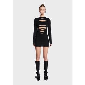 EDIKTED Nordstrom Slashed Mini Dress XS Bodycon Long Sleeve Sexy Black NWT B37